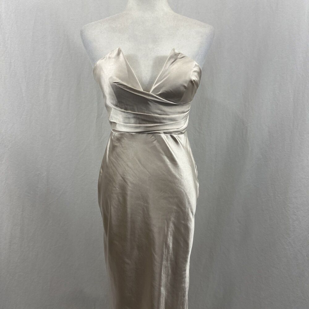 Saints & Secrets Champagne Strapless Vneck Satin Dress Womens S **READ** Formal